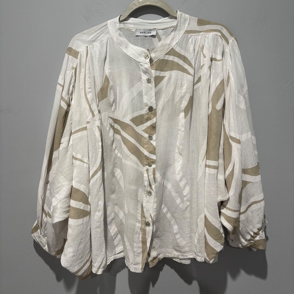 Noeline Italy Cotton Abstract Leaf Print Batwing Blouse White Tan Art 11900